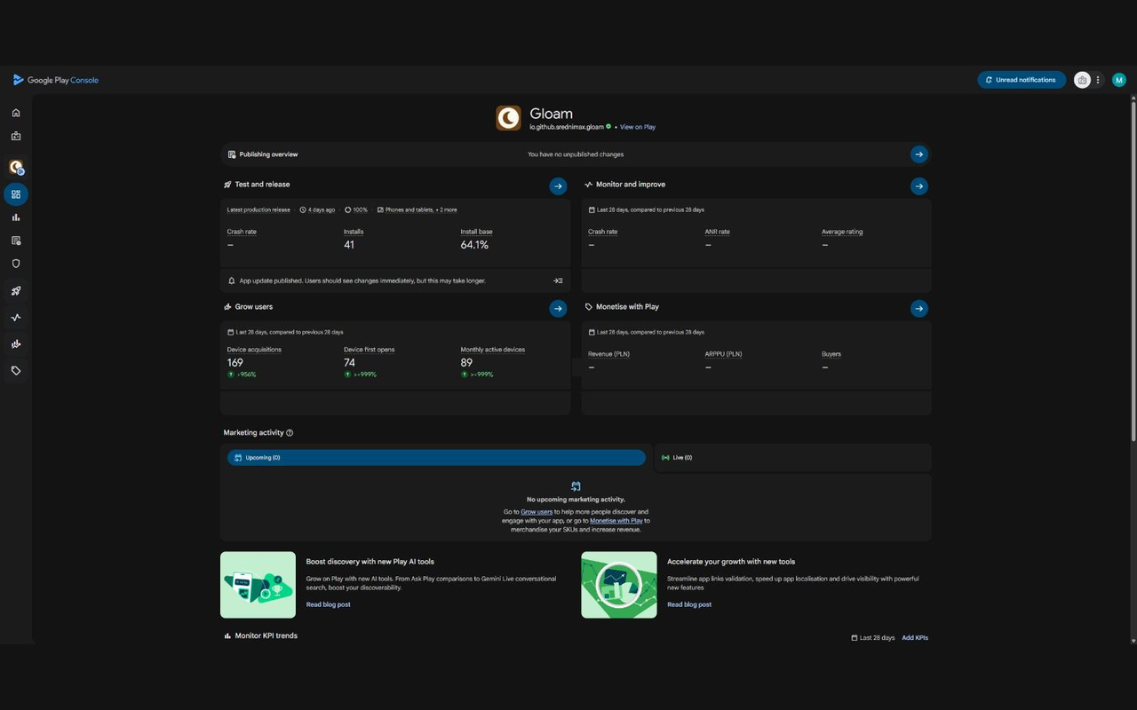 Play Console app dashboard in dark mode